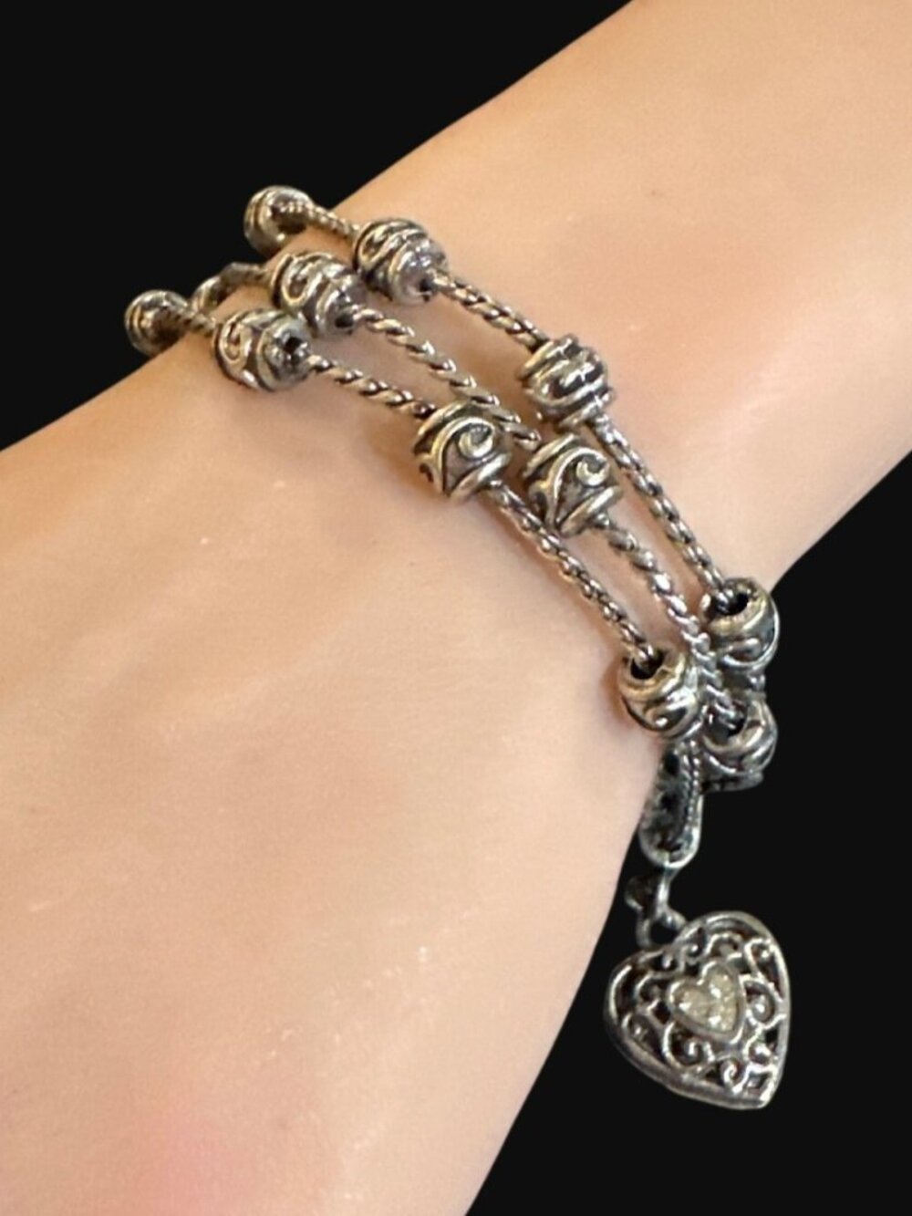 Brighton Silvertone Reno Bracelet Heart Crystals 3 Strand Reversible Womens
